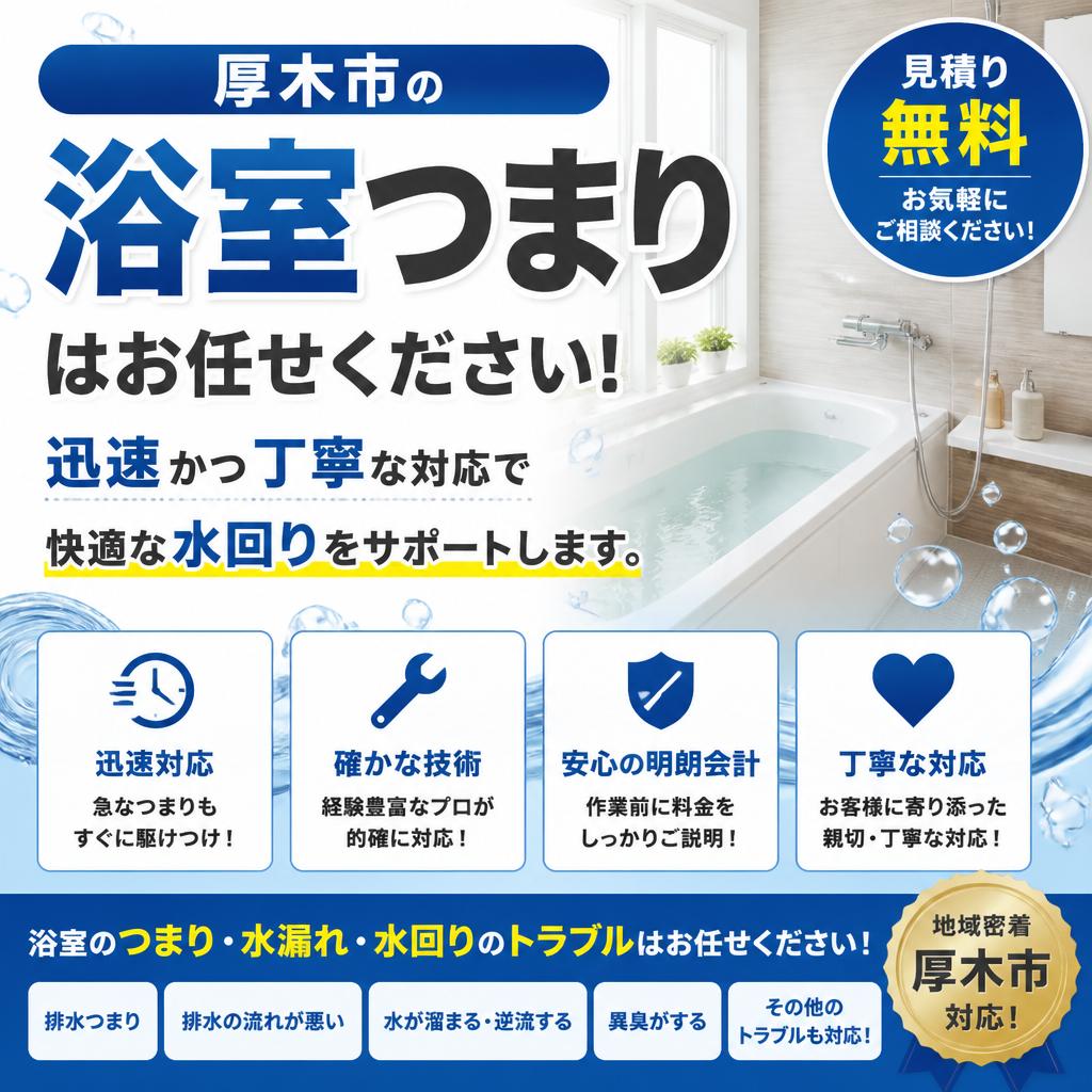 厚木市の浴室つまりはお任せください！迅速かつ丁寧な対応で快適な水回りをサポートします。
